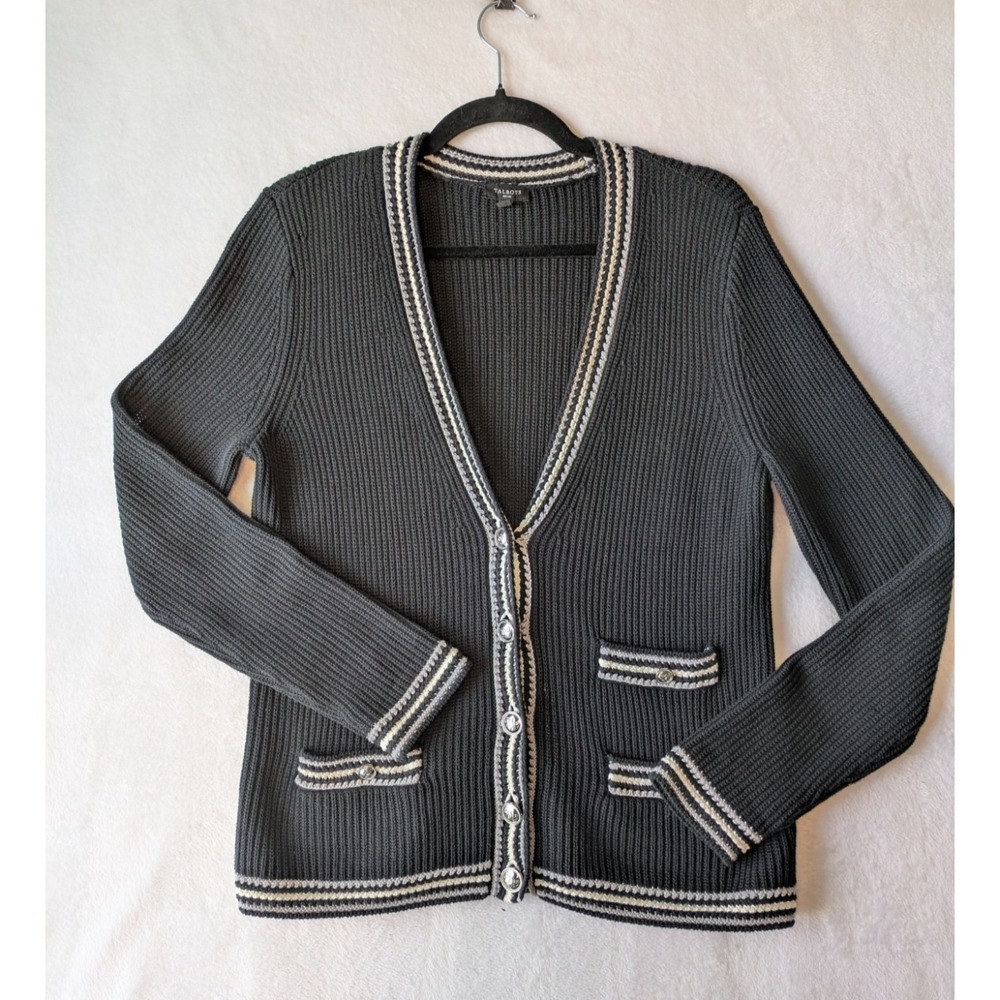 Talbots Cardigan Sweater Petite Medium Gray Striped Trim Cotton Preppy Knit